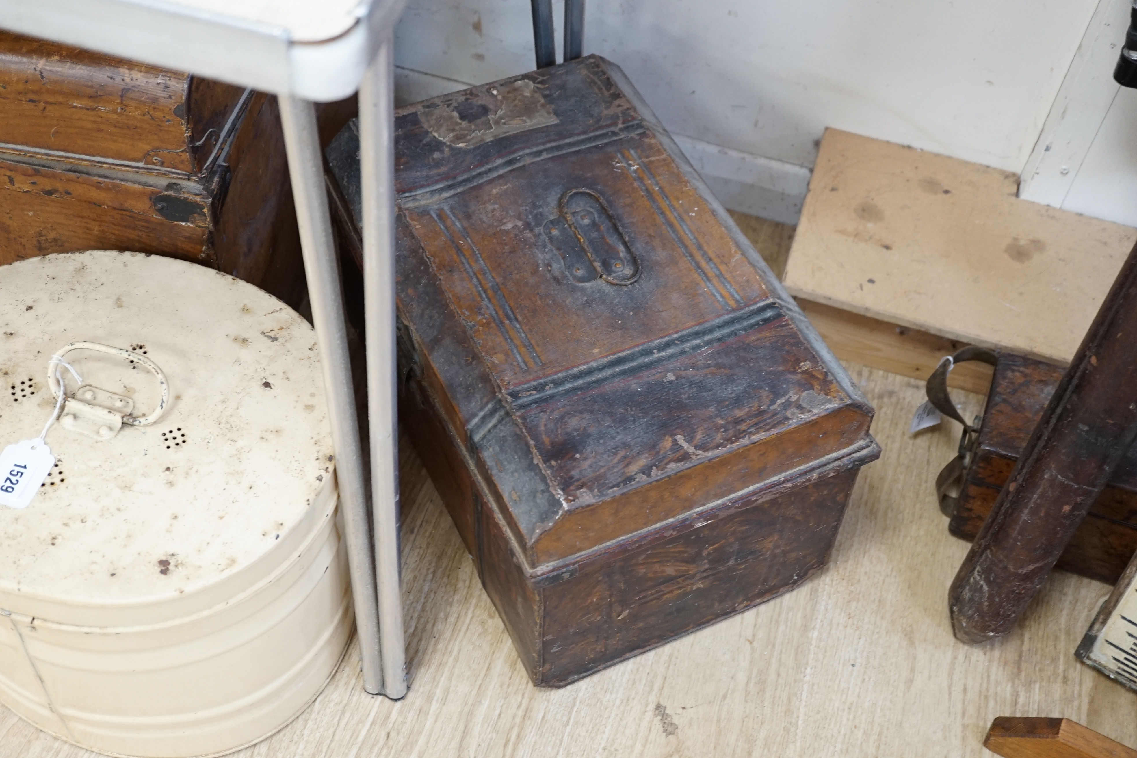 A large painted tin trunk, a smaller trunk and a cream hat tin, largest 70cm wide